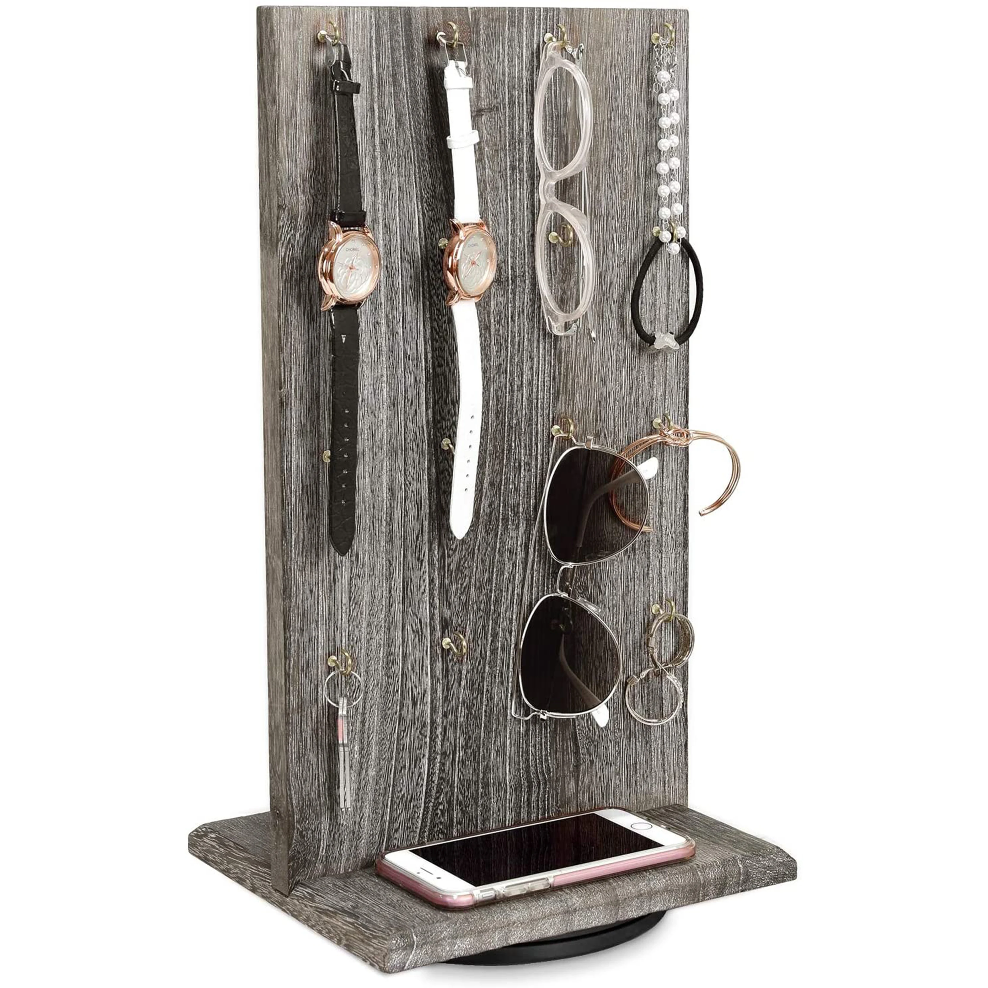 Two-Sided Rotating Rustic Wooden Jewelry Display Stand For Store, Earring Display with Hooks