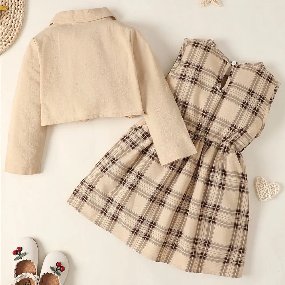 1-6 Years Little Girl Sleeveless Plaid Dress+Solid Long Sleeve Top 2Pcs Girl Clothes Suit Costume Kids Girl Spring Casual Skirt