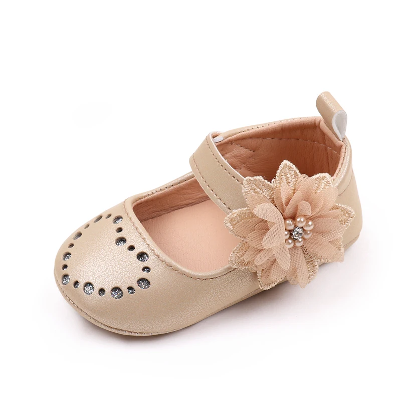 PU Leather Hollow Heart Rhinestones Lace Embroidery Flowers Solid Color Baby Girls Princess Shoes factory