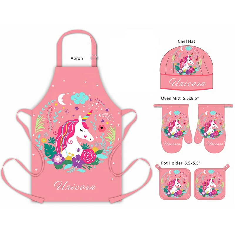 Cartoon Zoo Printed Chef Hat Oven Mitts kids Apron Set For Children Printing Cotton Kitchen Cleaning Cooking Set