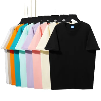Logo printed embroidery custom high quality drop shoulder t-shirt 220g summer color cotton loose men's short sleeve t-shirt