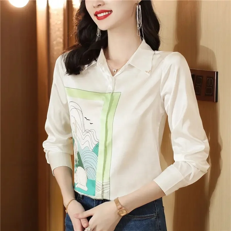 Chinese Style Trendy V-neck Loose Fitting Vintage Printing Fashion Women's Long-sleeved Shirt