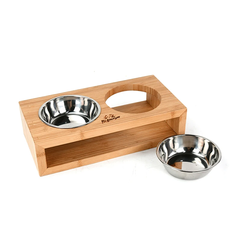 Adjustable Bamboo Elevated Raised Pet Feeder Stand with 2 Stainless Steel Bowls for Cats and Dogs