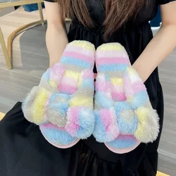 Women Winter Colorful Warm Furry Open Toe Slippers Anti-Slip Fluffy Fur Bowknot Slippers