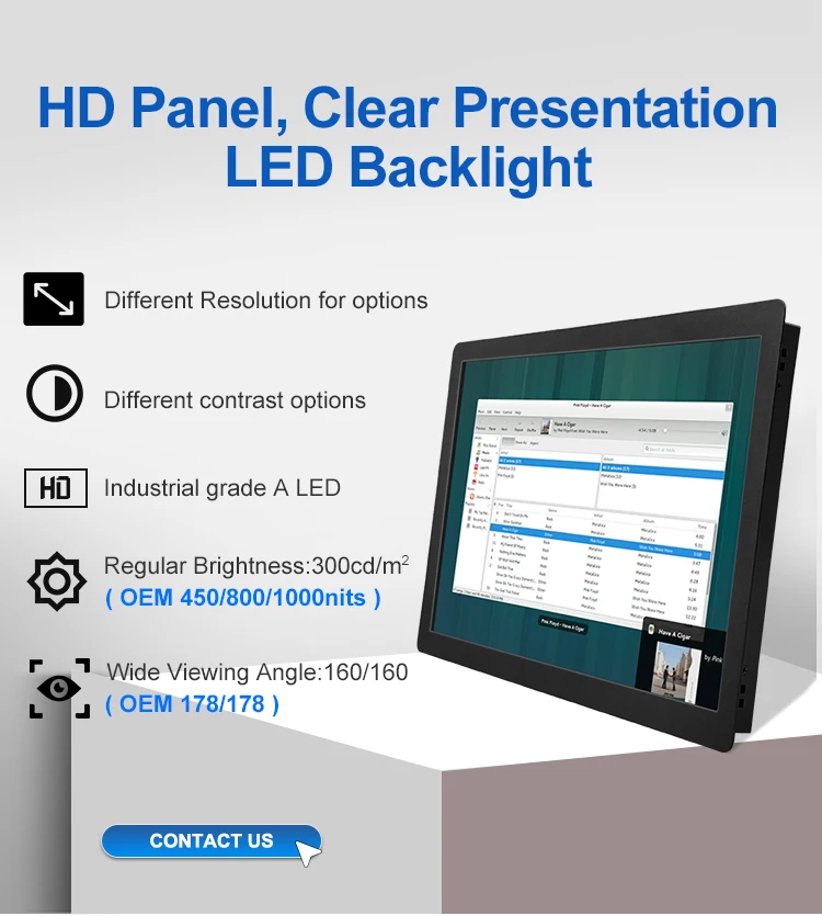 23.6 Inch Industrial Embedded Mount Monitor Resistive Touch Screen VGA Display TFT IPS LED Equipment Metal Case Monitor