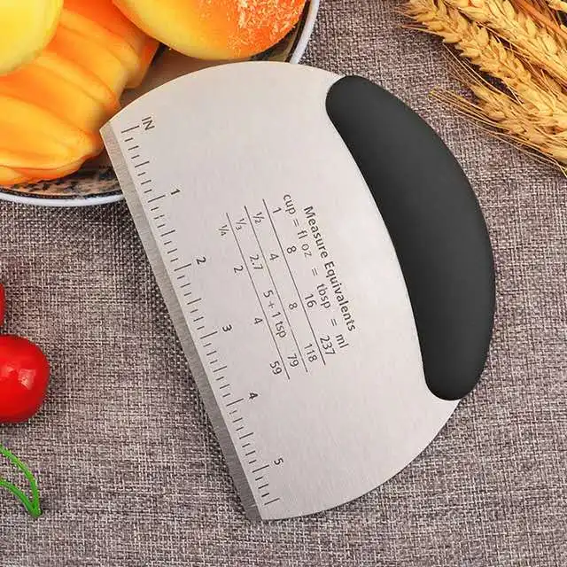 Amazon thickened stainless steel section knife, dough scraper , semi-circular non-slip scratch panel baking tool with scale
