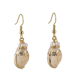 Bohemian ins style gold plated pearl shell conch tortoise shell earrings for women