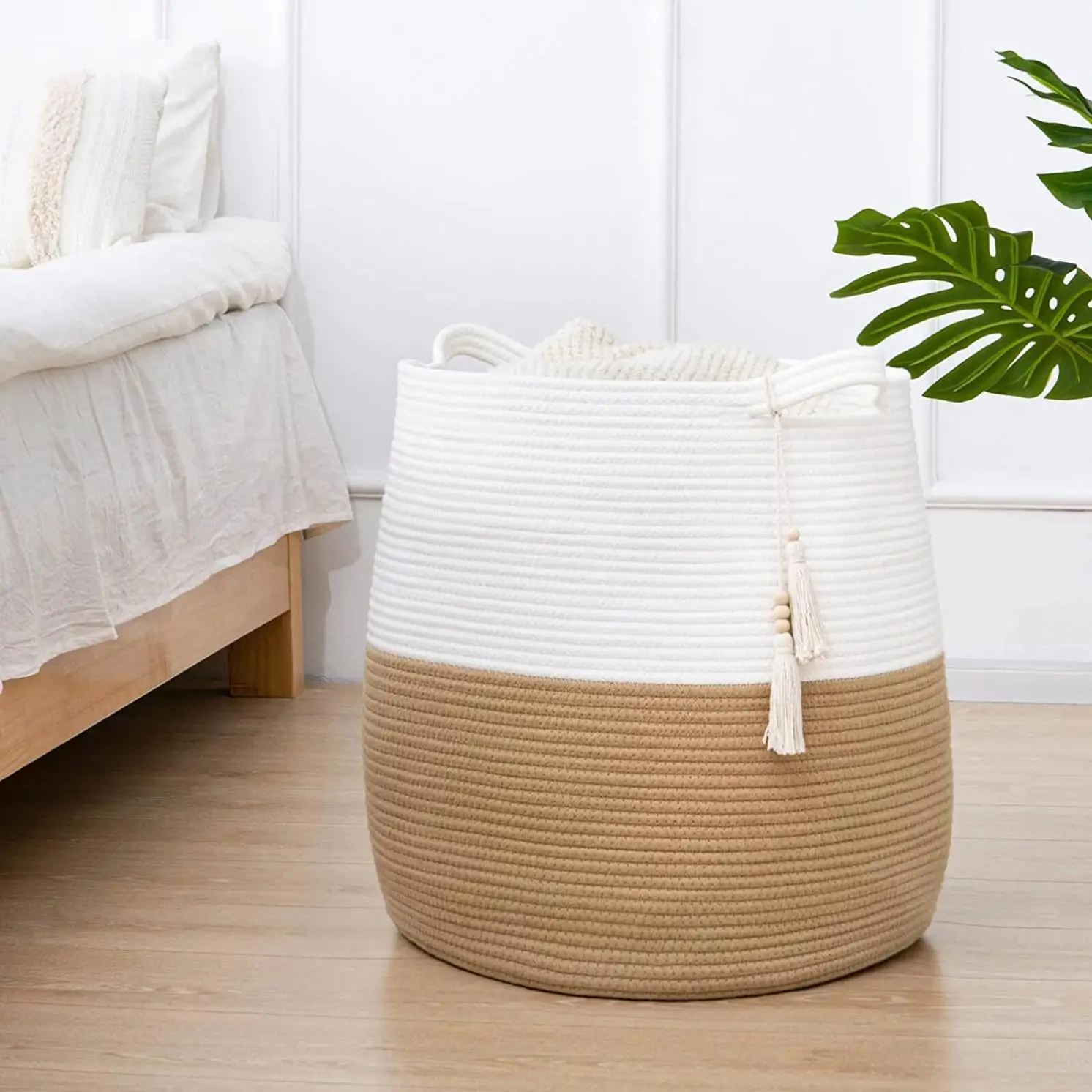 Woven Rope Storage Basket for Organizing, Boho Decorative Laundry Basket for Living Room, Round Basket for Towels, Toys