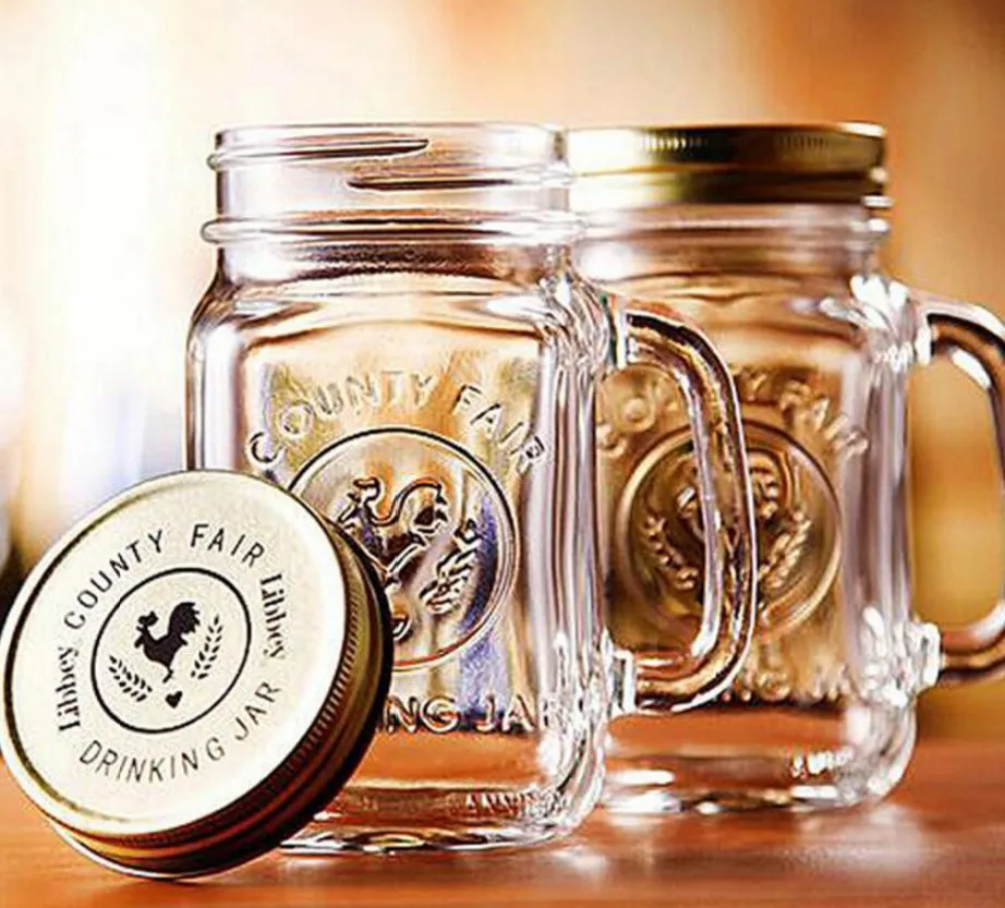 A3322 Cold Drinking Handle Jars Gifts Transparent Beverage Juice Bottle With Lid Water Cup Mug Glass Storage Mason Jar