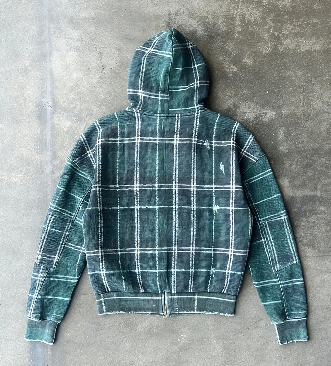 Custom Logo Plaid Flannel Waffle Knit Hooded Jacket Embroidery Double Layer Faded Zip up Acid Wash Distressed Hoodies for Men factory