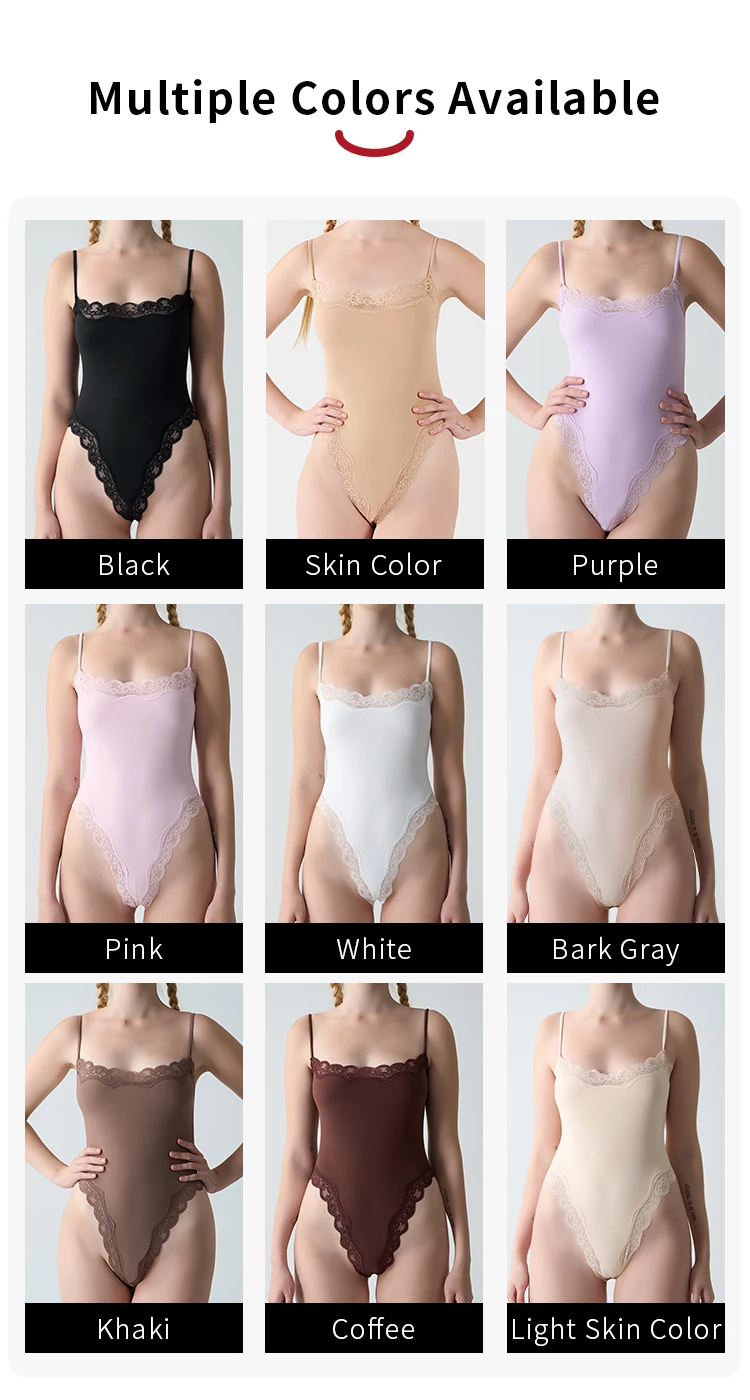 HKRXEC Lace-Trim V-Neck Shaping Bodysuit Brief in Nude