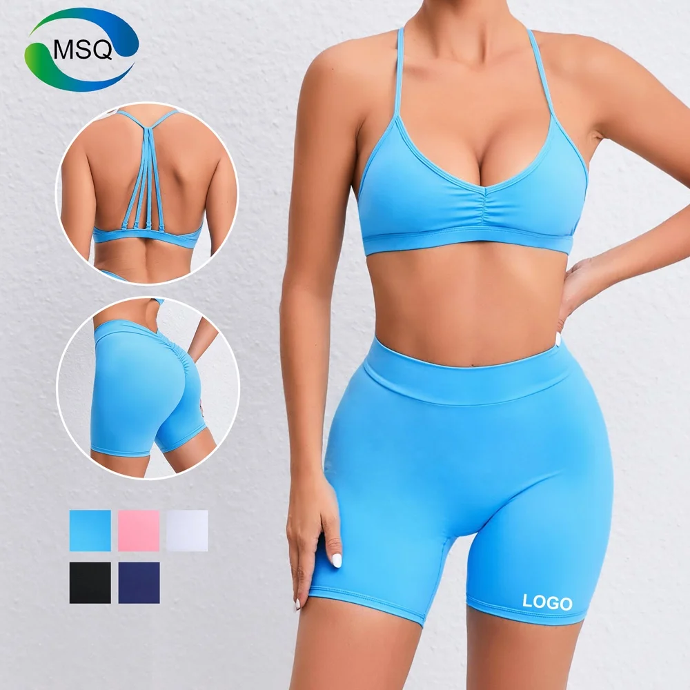 Wholesale Custom Logo Back V Cut High Waist Leggings Yoga Shorts Women Fitness Sports Bra Gym Scrunch Butt Biker Shorts Sets