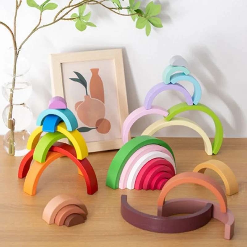 Hot Sale Children Wooden Rainbow Building Blocks Toys Tunnel Stacking Game Building Creative Color Matching Learning Toy Set