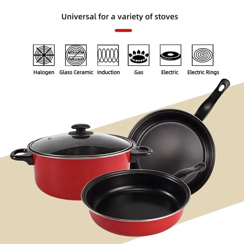 New Design Red 4 Piece Kitchen Cookware Pot Sets Iron Non-stick Pans And Pots Set For Kitchen