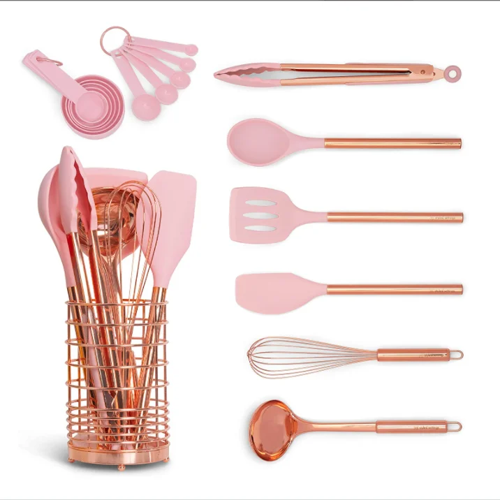 17 pcs Kitchen Utensils Set Non-stick Heat Resistant Cookware Copper Stainless Steel Handle Cooking Tools