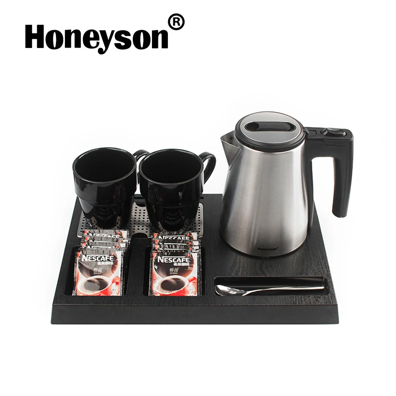 Honeyson Electric Kettle Tray Set Stainless Steel Hotel Kettle with Welcome Tray and Cups for Hotel Guestroom