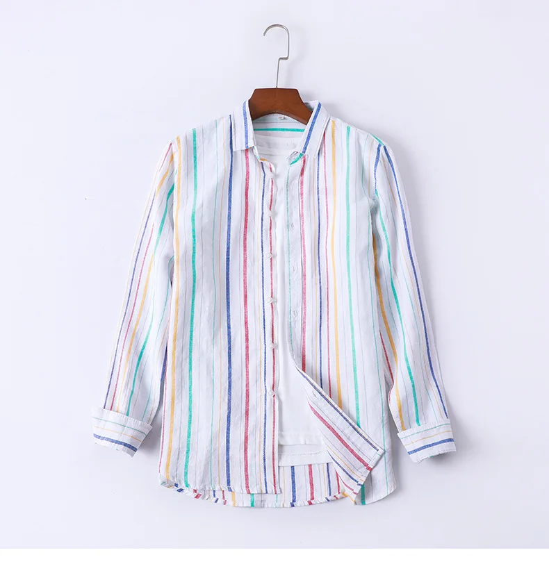 Refreshing Japanese Striped Long-Sleeved Shirt Linen Men