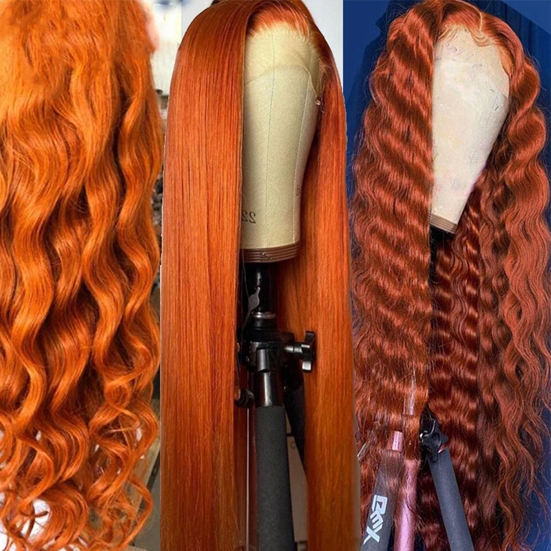 Ginger Orange Lace Front Human Hair Wig 13x4 Bone Straight Brazilian Human Hair Wigs Pre Plucked Transparent Lace Frontal Wig