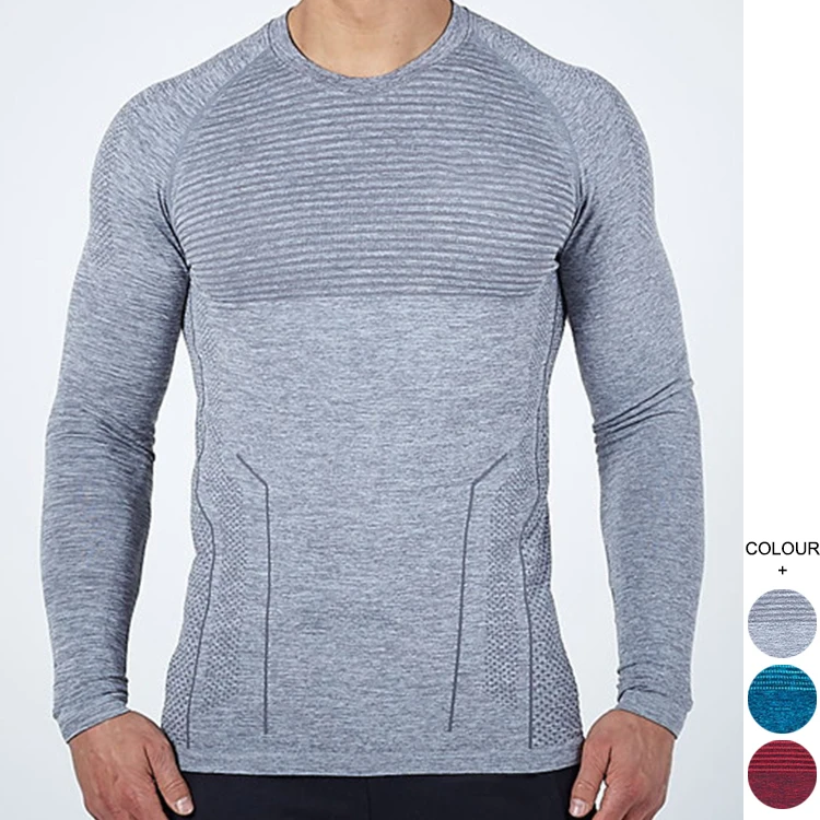 New Design Wholesale Fitness Elastic Mens GymT-Shirt O-Neck Seamless Venting Long Sleeve Men Top For Male  Fitness Tshirt