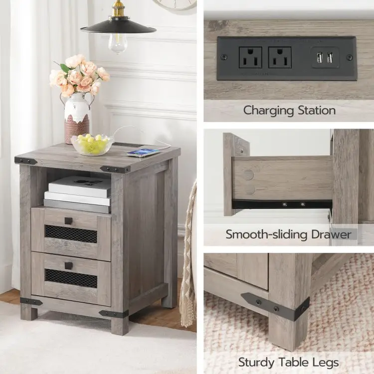 Farmhouse Wooden 1/2 Drawer Bedside Table Wooden Nightstand Bedside End Table With Charging Station And Usb Ports For Bedroom