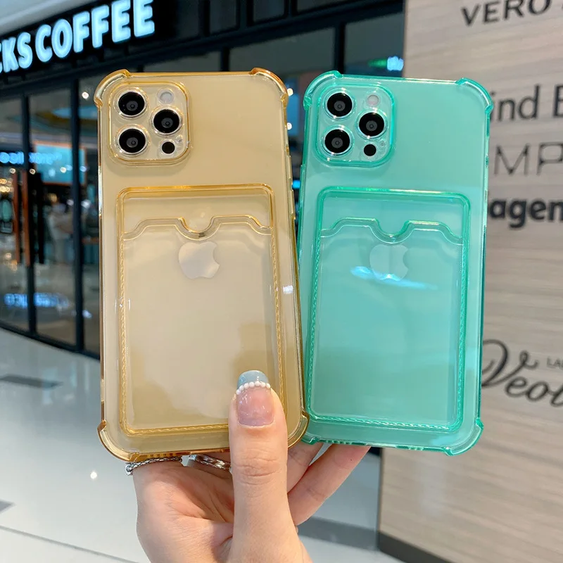 Crystal Tpu Soft Iphone Case With Credit Card Holder Phone Cases Clear Pocket Wallet Back Cover Multi-Color Optional Green