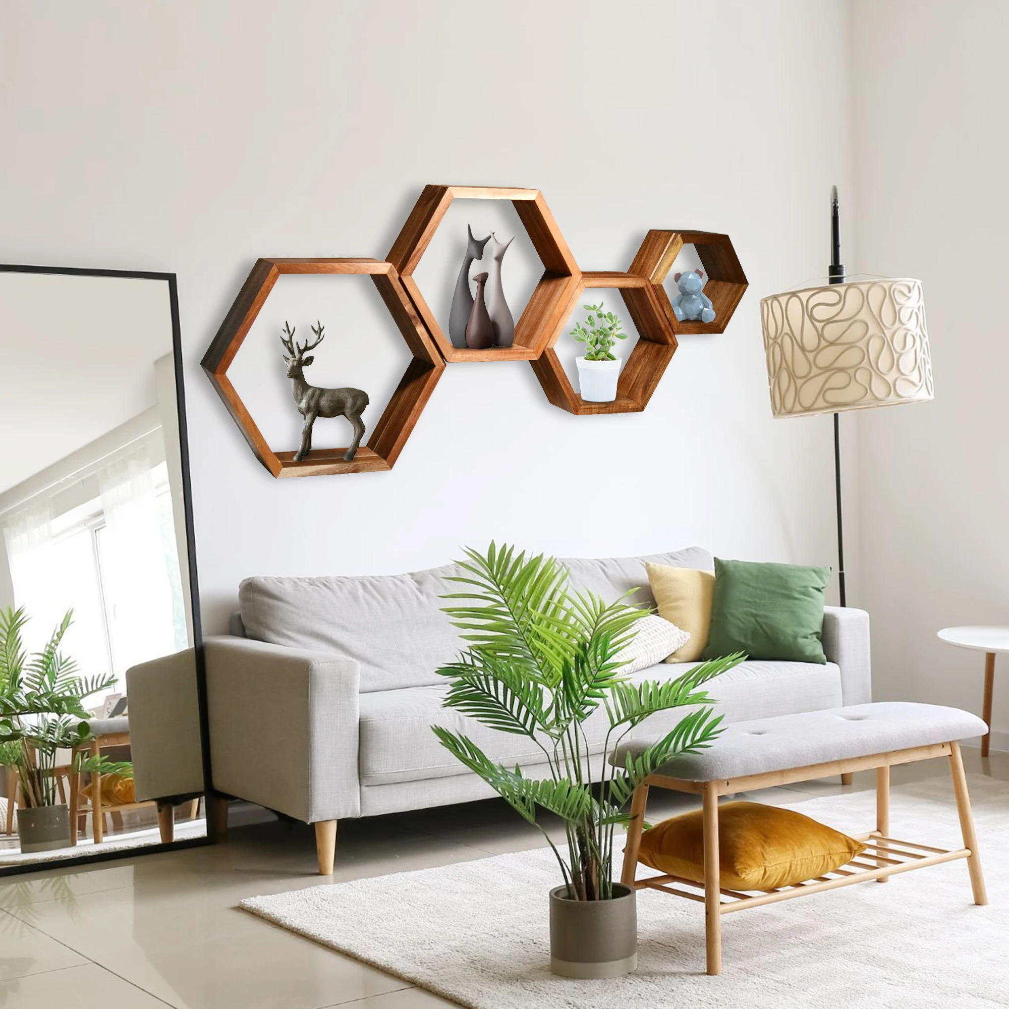 Wall Mounted Set of 4 Hexagonal Floating Shelves Frame;Decoration Wood Hexagon Shelf Floating Shelves