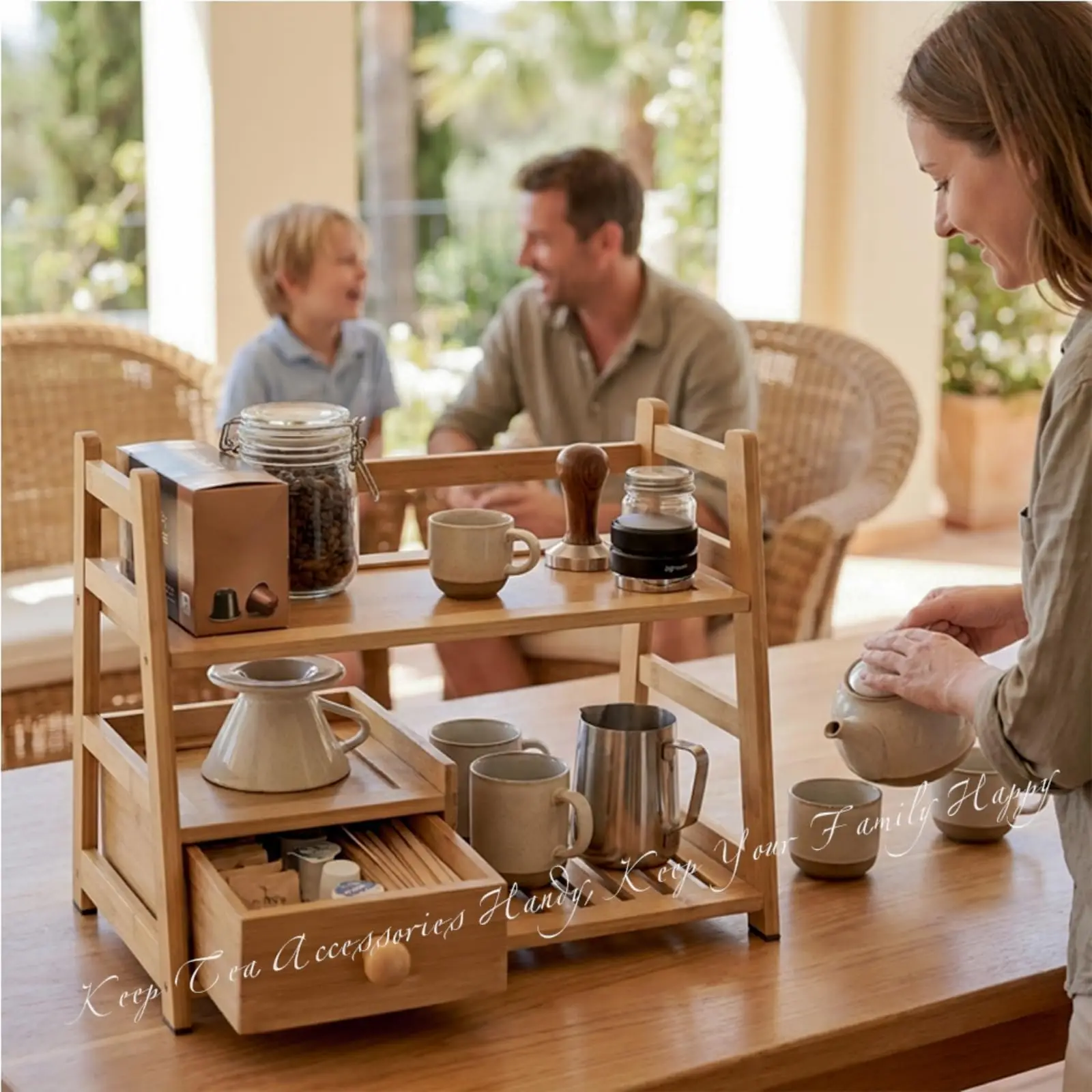 product bamboo tea matcha coffee station with drawer tea rack countertop tea bag display shelf tea station storage rack for kitchen-10