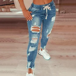 Custom Jeans Mujer Stylish New High Quality Ladies Stretch Skinny Blue Denim Pants Ripped Distressed Women Jeans