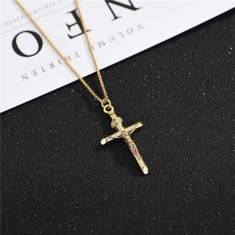 Tarnish free stainless steel gold plated cross Jesus crucifix necklace