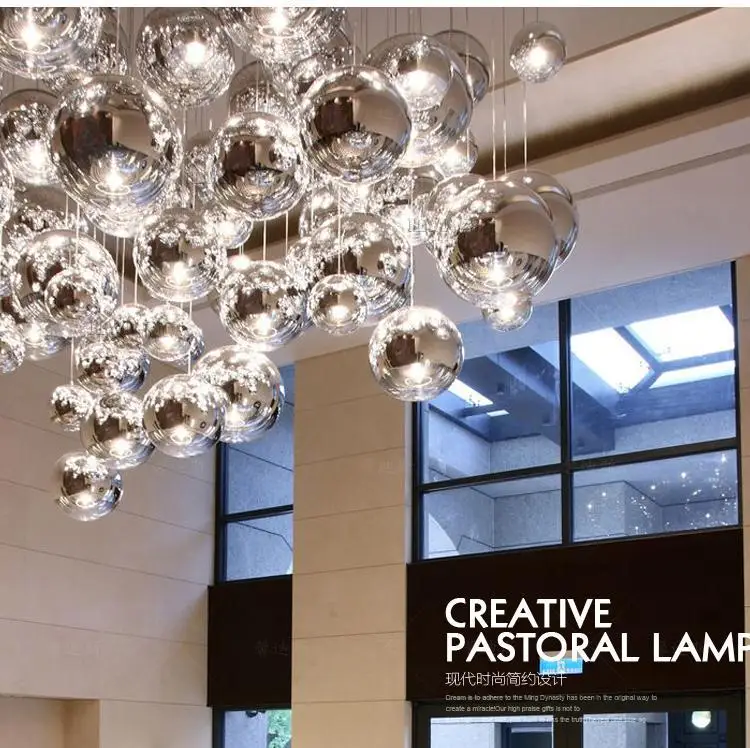 Modern Round Silver Hand Blown Glass Ball Pendant Lamp
