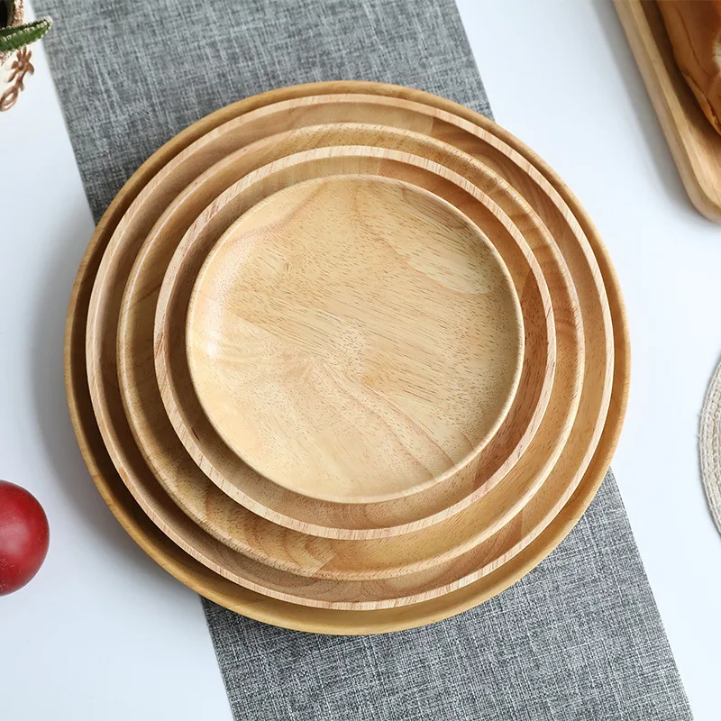Household Kitchen Round Serving Tray Dinner Fruit Cake Dish And Plate Natural Wooden Serving Plates