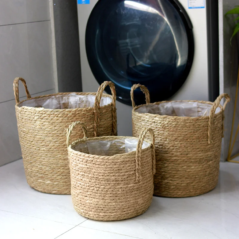 HUAYI  seagrass wicker hand-woven large capacity storage basket with handle wholesale