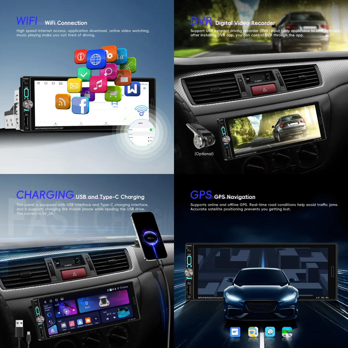 android auto gps wifi bt usb ips display split screen knob control a4505-4