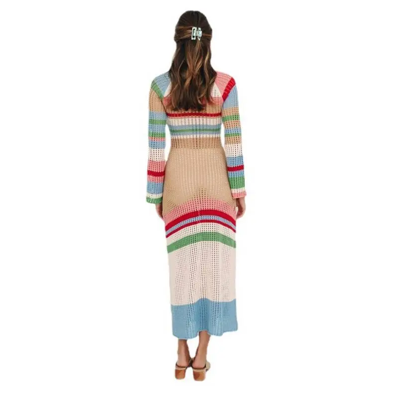 Summer New Beach O Neck Crochet Striped Midi Dress Ladies Cutout Skinny Knit Dress Sweater