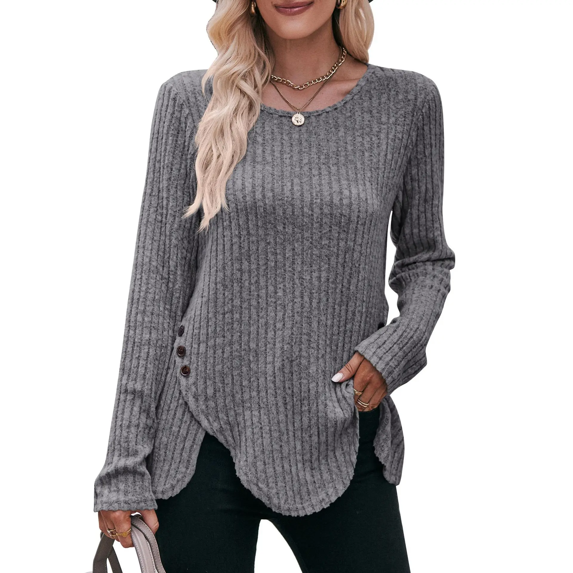 Women Casual Long Sleeve Round Neck Comfortable Tops Fashion Female Pit Strip Frosted Solid Color Button T-shirt