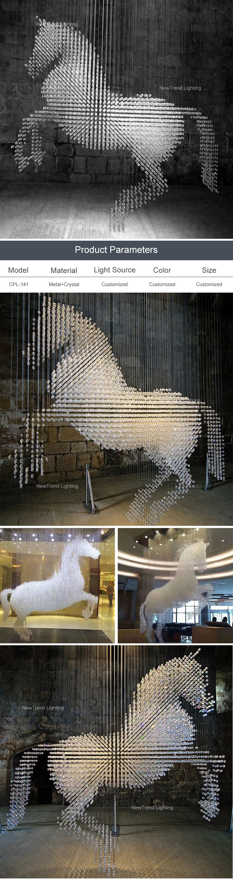 CPL-141 Custom Hotel Lobby Villa Salon Decoration Large Project Modern LED Sculptural Horse Crystal Chandelier details