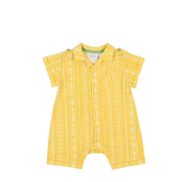 Guangzhou supplier manufacture durable nice baby clothes onesie printed yellow pink summer short sleeve baby romper
