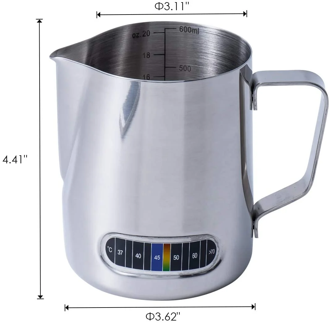 Wholesale 600ml 1000ml espresso steaming jug Custom stainless steel coffee milk frothing pitcher with thermometer