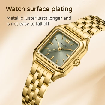 AMOVAN Gold Green Stainless Steel Fashion Face Watches for Women Ladies Quartz Roman Numeral Dial Rectangular Case Vintage Watch