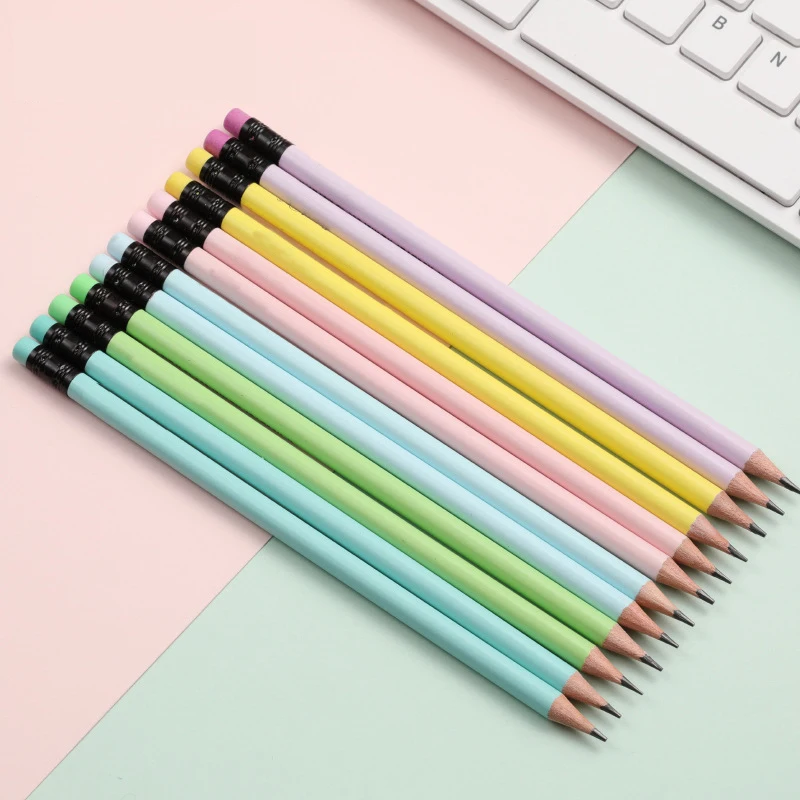 Multi-color Custom logo printed pencil HB 2B black lead wooden pencil school supplies with eraser pencils for kids