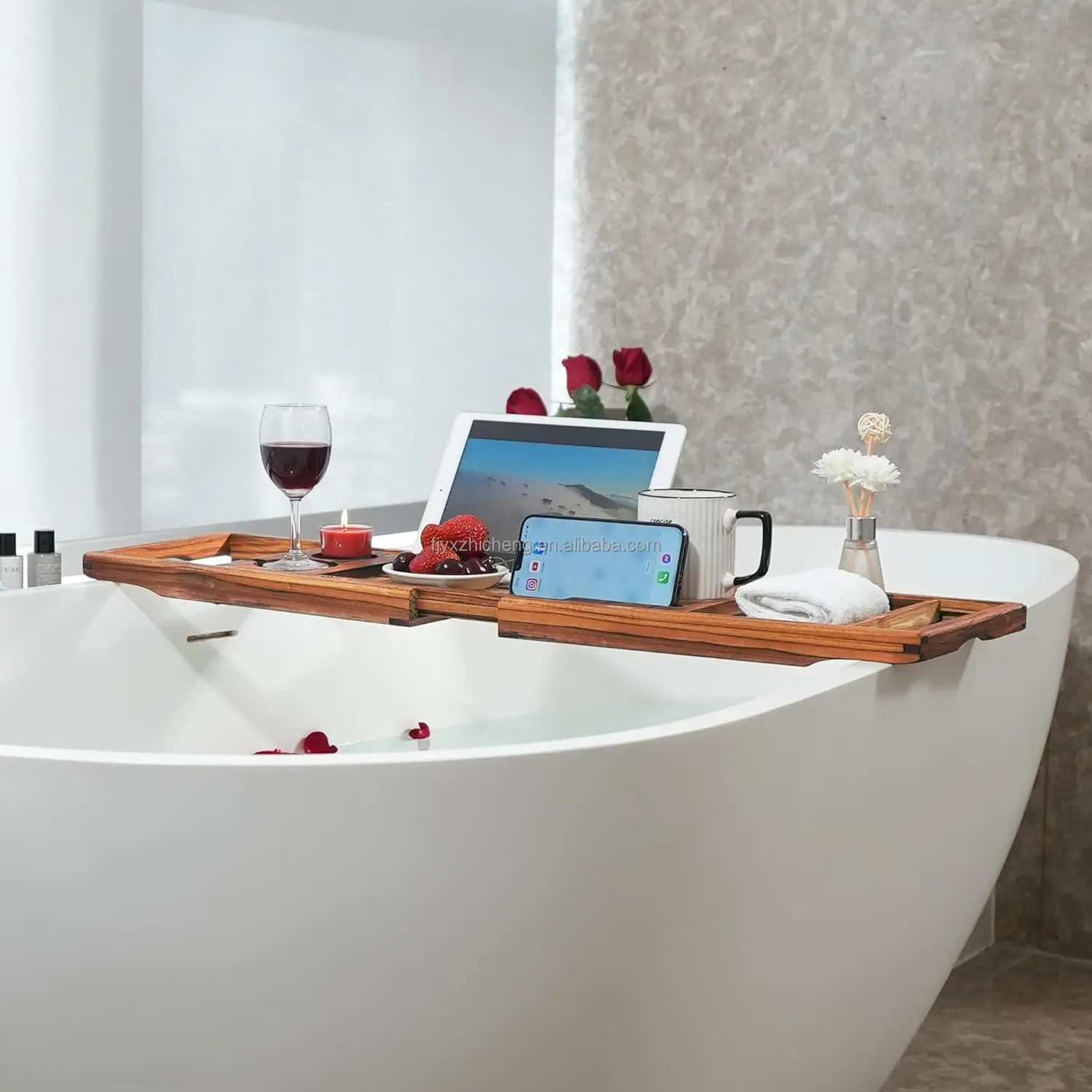 product premium teak bathtub tray expandable wooden bath tray for tub luxury bathtub bathroom accessories-5