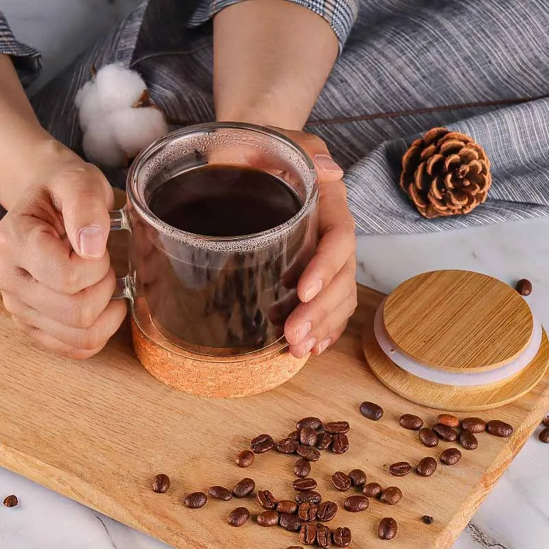 Bamboo fiber coffee cup with bamboo lid double wall insulated glass coffee tea cup with cork bottom, best christmas mug gift Bamboo fiber coffee cup with bamboo lid double wall insulated glass coffee tea cup with cork bottom, best christmas mug gift