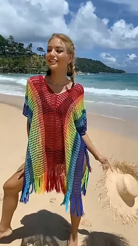 Sexy Summer Rainbow Stripes Crochet See Through Blouse Beach Bikini