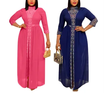 New Design African Women Hot Rhinestone Fashion Split Chiffon Dress Solid Color Muslim Loose Dresses for Ladies