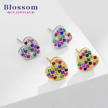 Blossom CS Jewelry 925 Sterling Silver Rainbow Heart Stud Earrings 18K Gold Plated With Colorful Zircon Trendy Style For Gift