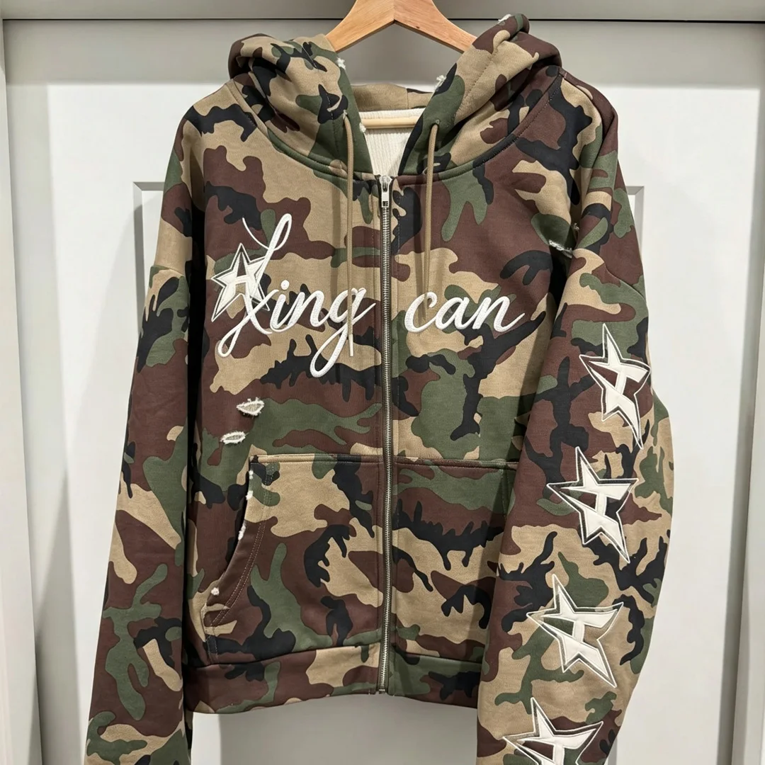product factory customized camo print distressed men zip up hoodiesupport custom embroidery appliqueoem clothing manufacturer-1