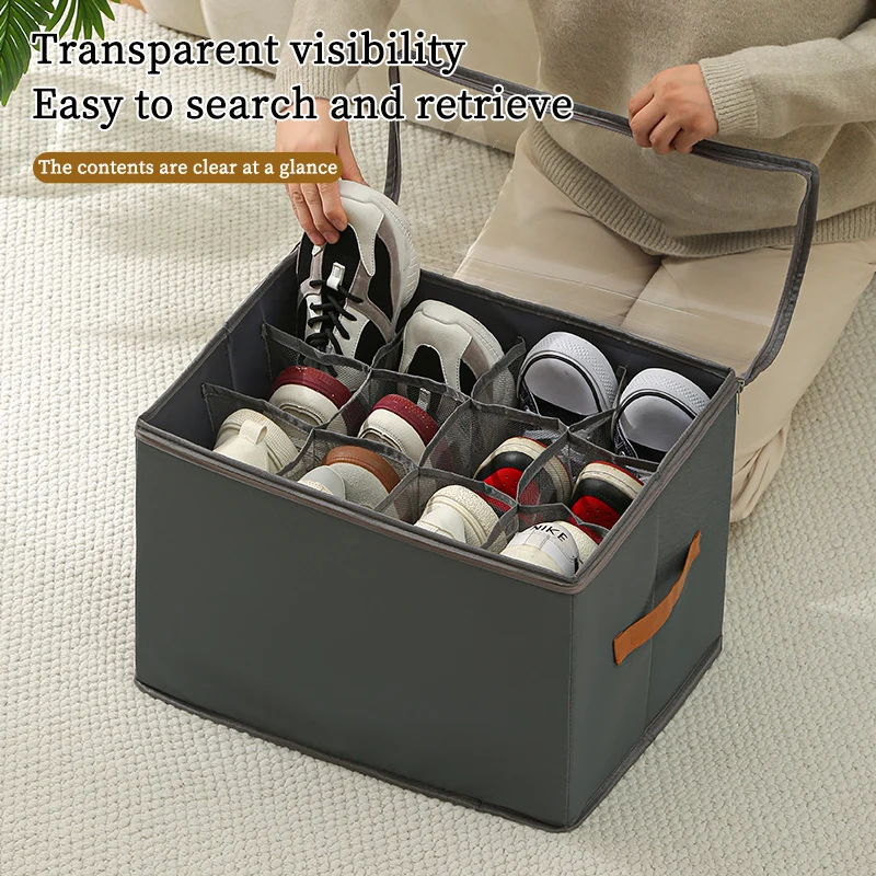 Foldable Space-saving Storage Container Closet Fabric Shoe Storage Bins Shoe Organizer box with Clear Cover