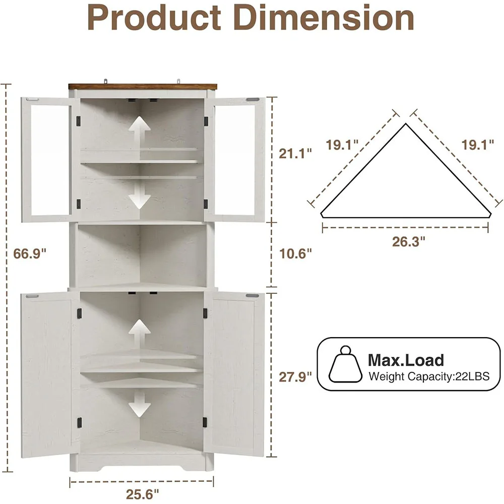 67''H Tall Corner Cabinet with 4 Tempered Glass Doors Farmhouse Storage Cabinet 5 Adjustable Shelves Home Pantry Hutch Kitchen supplier