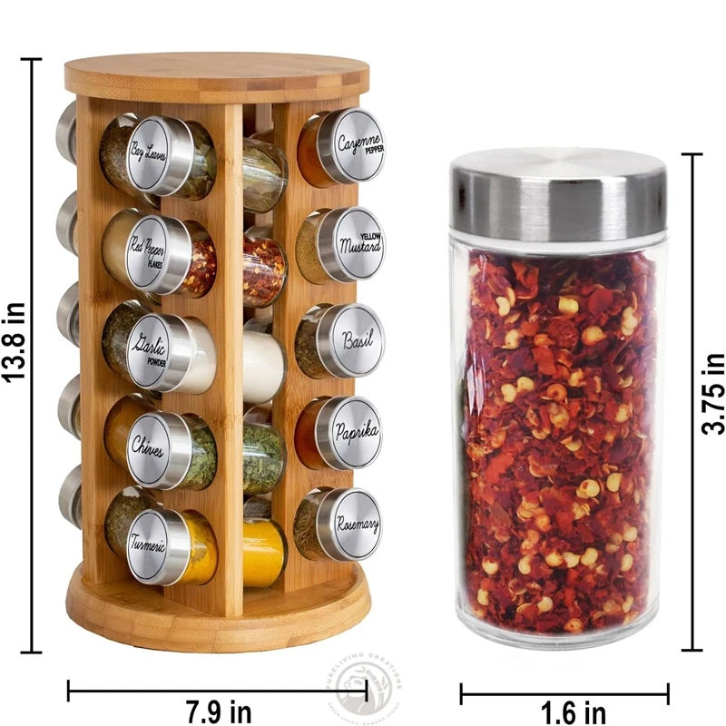 Premium Bamboo Rotating Spice Rack 20 Jars Revolving Spice Rack Tower Organizer for Kitchen