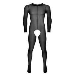 In Stock Mens Sheer Mesh See Through Crotchless Full Body Pantyhose Skinny Tights Bodystockings Male Sexy Catsuit
